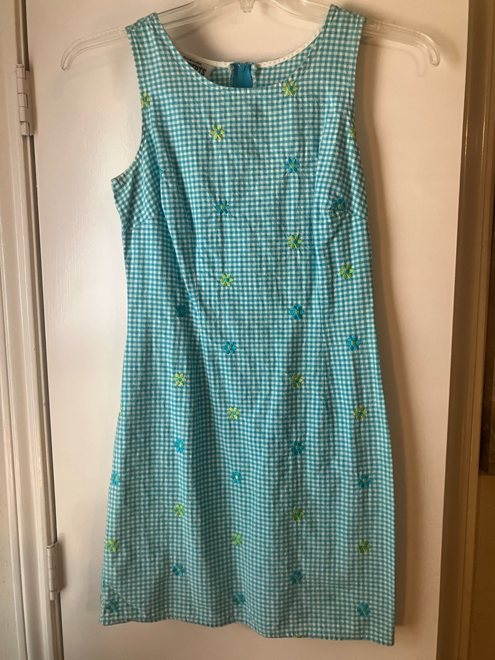 Aqua Gingham Embroidered Sleeveless Mini Dress